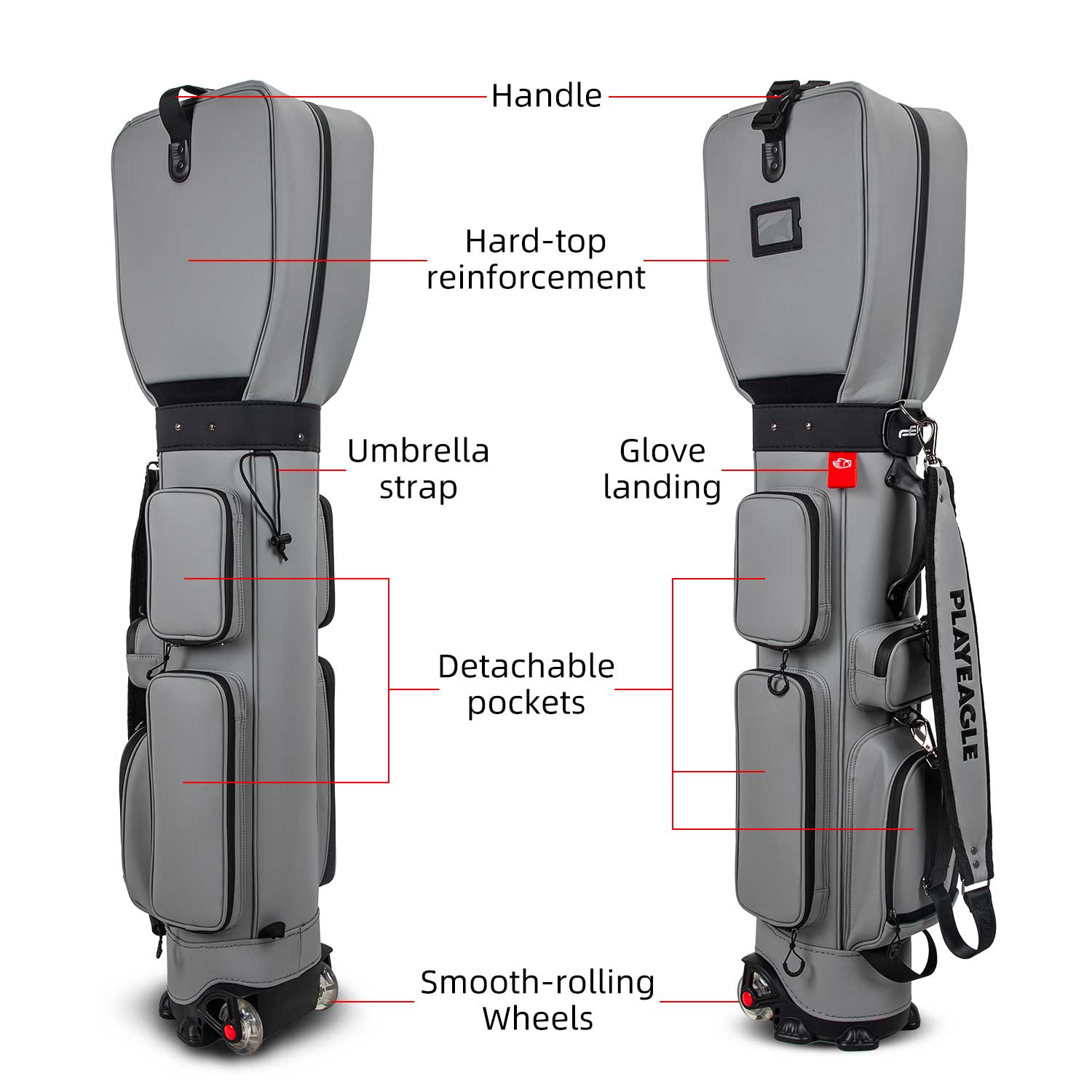 PlayEagle Golf Trolley Bag feature callouts (handle, hard-top, umbrella strap, glove landing, pockets, wheels)